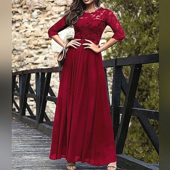 New Chic Lace Top Pleated Maxi Dress Gown Burgundy Red - Picture 3 of 12